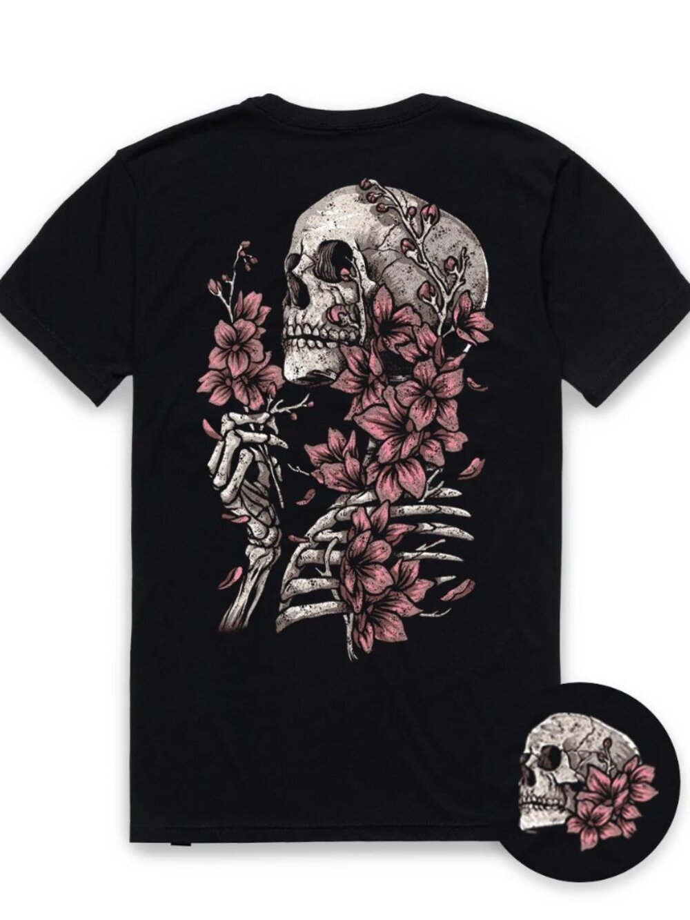Black Floral Skeleton Graphic Tee Botanical Dark Art Small Front Shirt